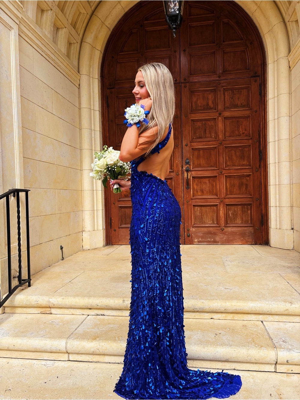 Sherri Hill Royal Blue Sequin Open-Back Prom Gown